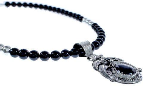 American Indian Onyx Authentic Sterling Silver Leaf Bead Necklace BX119117